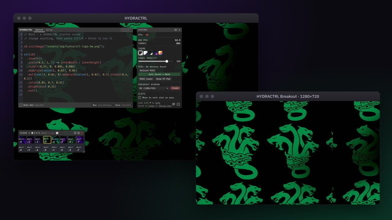 The interface next to a breakout window that shows only the visuals at 1280×720