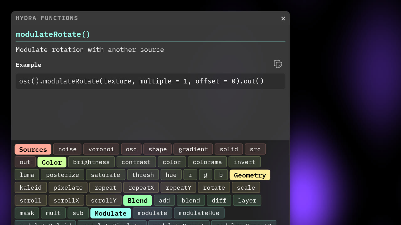 The built-in hydra documentation showing modulateRotate
