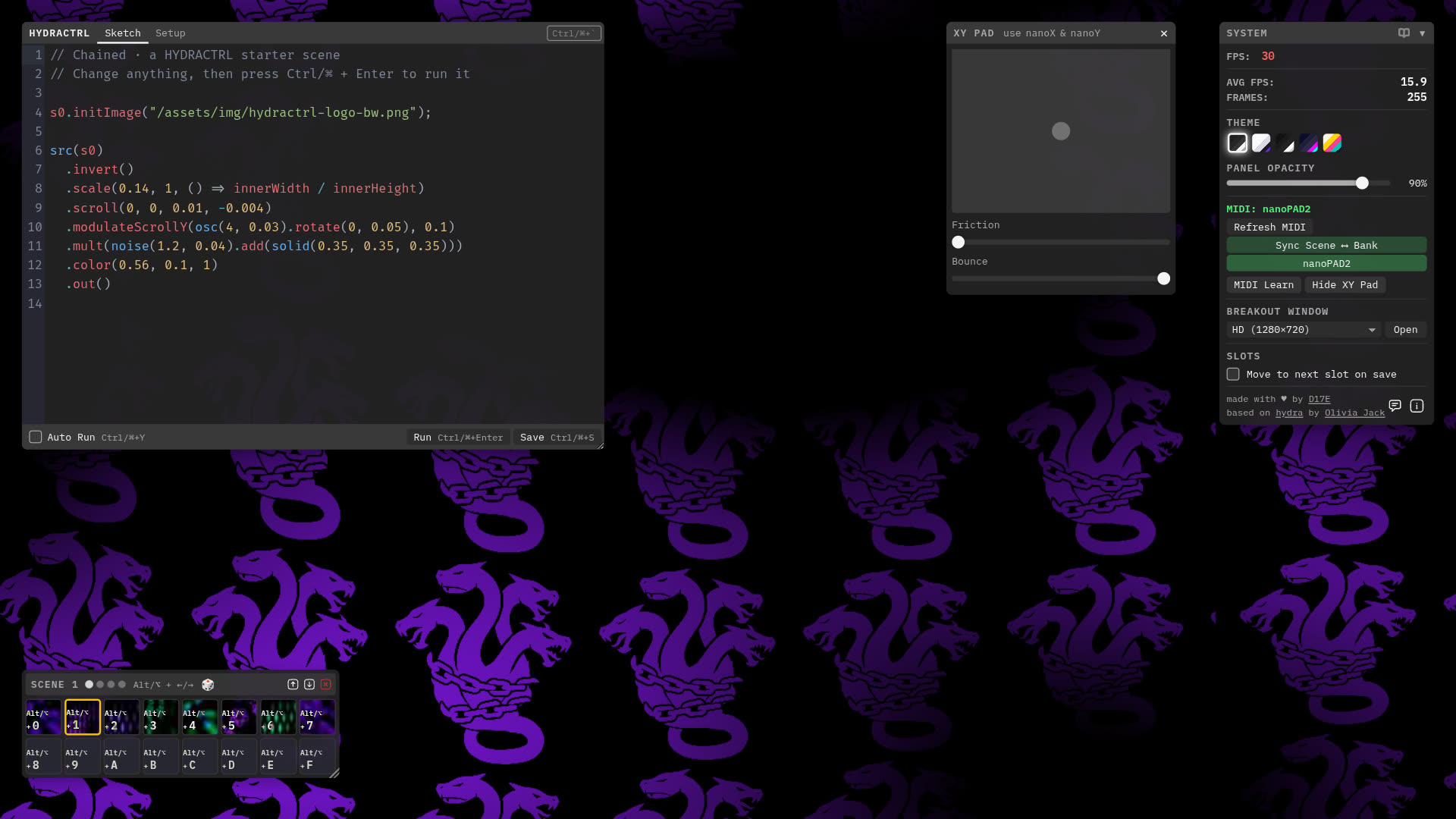 The HYDRACTRL interface: a code editor, scene slots, an XY pad and the system panel over a running hydra sketch