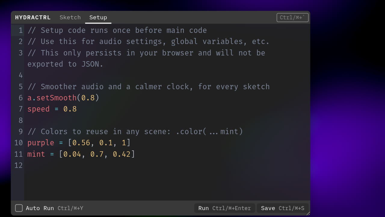 The Setup tab of the code editor with audio settings and shared colors